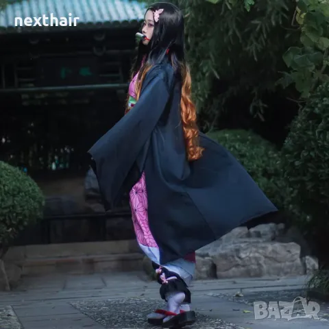 Аниме черна перука с кафяви краища Nezuko Kamado, снимка 4 - Аксесоари за коса - 48661344