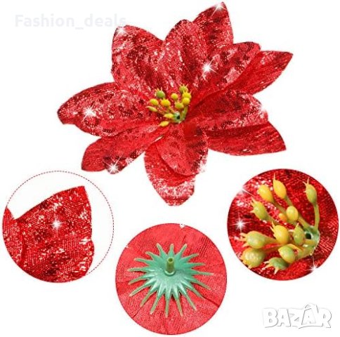 Нови Блестящи Коледни Цветя Пуансетия 24 броя за Декорация Украса , снимка 2 - Други - 42879457