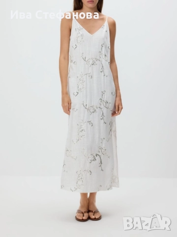 Бяла нова  дълга елегантна midi миди дължина рокля пайети 80% вискоза, 20% лен ленена , снимка 2 - Рокли - 45697745