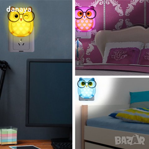 530 Детска нощна лед лампа за контакт Бухалче лампа за стена с копче 1W, снимка 8 - Друга електроника - 32119291