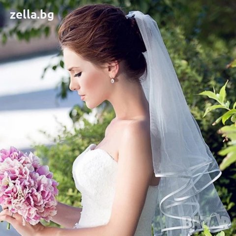 Бял булчински воал с гребен 2022 късо средна цена евтин софийски тюл, снимка 2 - Сватбени рокли - 35255619