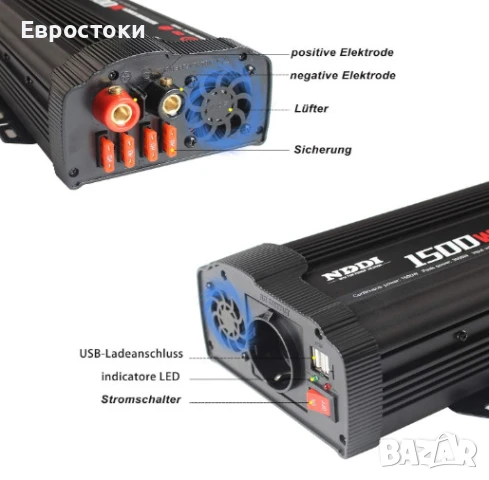 Инвертор NDDI POWER 1500 W преобразувател на напрежение 12 V към 230 V, 3.1 A двоен USB порт, снимка 4 - Аксесоари и консумативи - 50586791