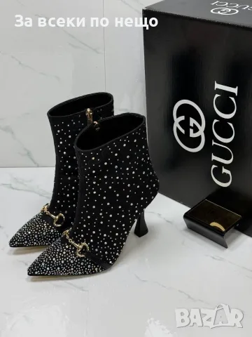 Gucci Дамски Елегантни Боти На Ток С Камъни И Монограм - 2 Цвята Код SEM-902, снимка 3 - Дамски обувки на ток - 56258342