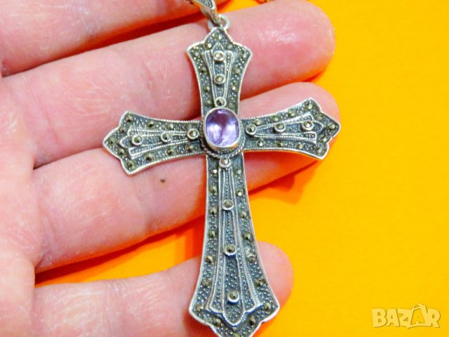 голям стар кован сребърен  кръст с аметист, маркенази и сребърен синджир православен кръст сребро