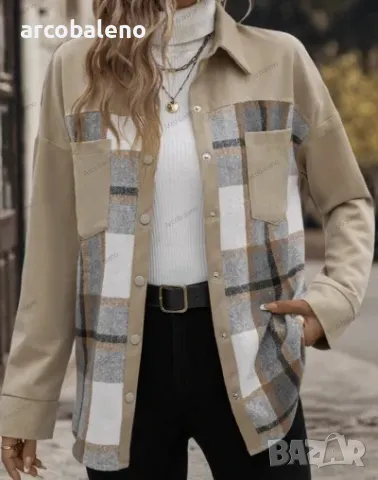 Дамско модно едноредно карирано яке (риза) с ревер и дълъг ръкав, снимка 2 - Якета - 47289528