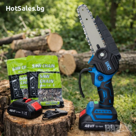 Акумулаторен трион UKC 48V – Компактна 6″ верижна резачка с 2 батерии, снимка 3 - Градинска техника - 54029474
