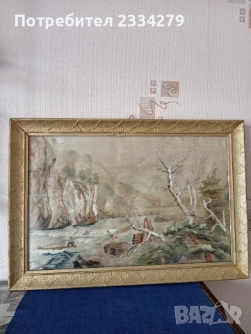 Стар гоблен поставен в остъклена дървена рамка.