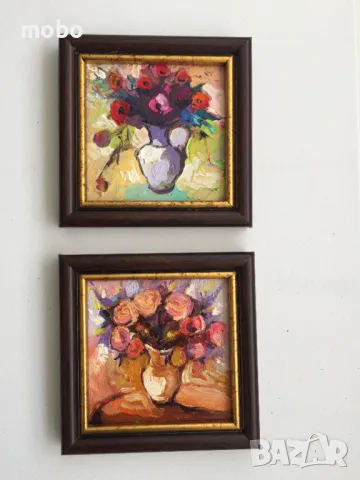 Два броя малки картина „Цветя във ваза“ , пастели, снимка 1