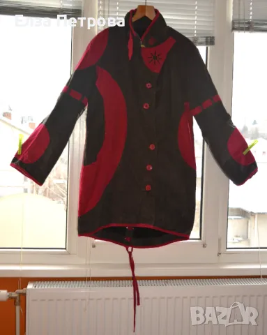 Дамско есенно-зимно джинсово манто в тъмнокафяво и цикламено; 4XL÷5XL