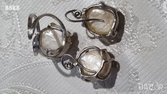 Сребърен комплект обеци с пръстен с натурални перли , снимка 4 - Бижутерийни комплекти - 44231258