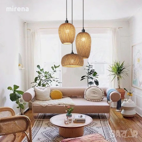 Лампа от ратан с 3 лампи, бамбук, бохо стил, ръчно плетени полилеи, снимка 8 - Лампи за таван - 53224776