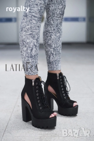 Летни боти на ток - черен велур