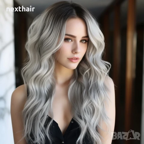 Висококачествена дантелена сива омбре перука с тъмни корени лейс фронт
