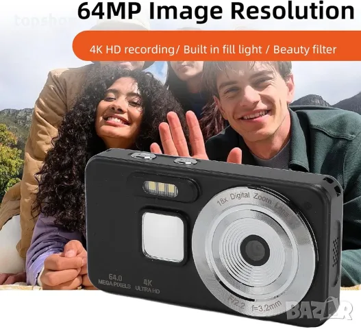 Нов Мощен Компактен Дигитален Фотоапарат ciciglow (64MP, 4K, 18x Zoom, Селфи Огледало)  , снимка 3 - Фотоапарати - 55909924