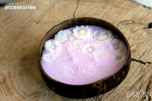 Уникална ръчно изработена свещ в купичка от кокос, снимка 2 - Други - 47326329