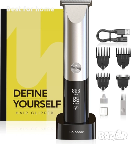 Тример за коса unibono с дисплей, за къса коса и плешива глава, за мустаци със зарядна станция