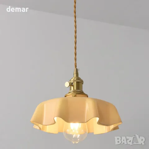 NICRX 250 mm стъклена висяща лампа с жълто цвете, висяща лампа от златен месинг и стъкло, снимка 4 - Лампи за таван - 47745485