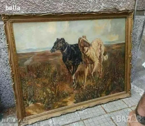 Антикварно произведение в огромен размер -Хрътки, снимка 2 - Други ценни предмети - 49099806