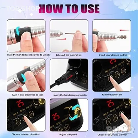 Нов Електрически комплект за пилене на нокти Премахване на гел / Маникюр, снимка 7 - Тримери - 49622110