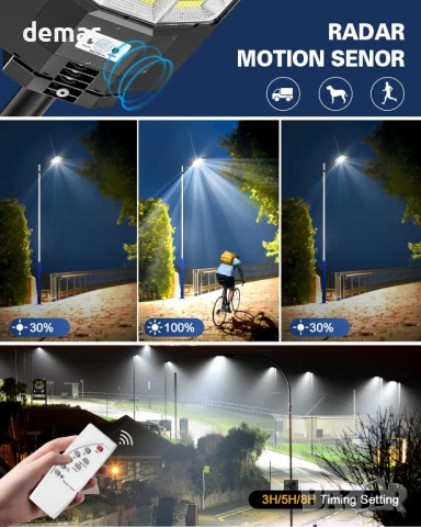Worshow Соларна улична лампа 1000W, сензор за движение - 864LED 6500K, дистанционно, IP65, снимка 5 - Соларни лампи - 51157192