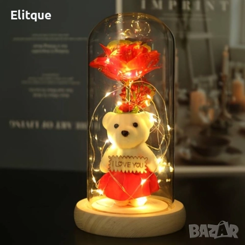 Вечна роза в стъкленица с мече с поличка и лед светлина , снимка 7 - Други стоки за дома - 52904074