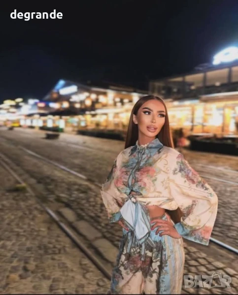 Уникален сатенен комплект от две части риза с панталон, снимка 1