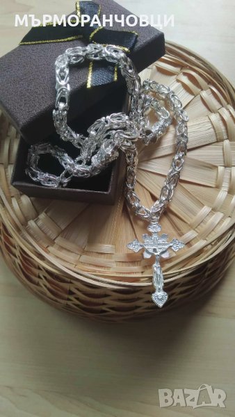 Нов, мъжки сребърен ланец с масивен кръст. В подаръчна кутия, снимка 1