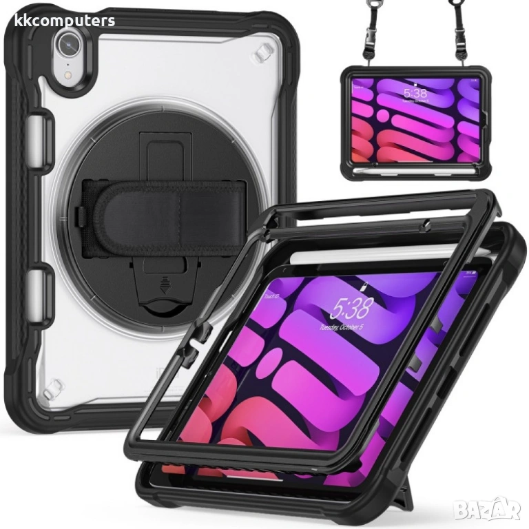 iPad mini 6 Heavy Duty Hybrid Tablet Case with Hand Grip & Strap TPU Силиконов Калъф и Протектор, снимка 1