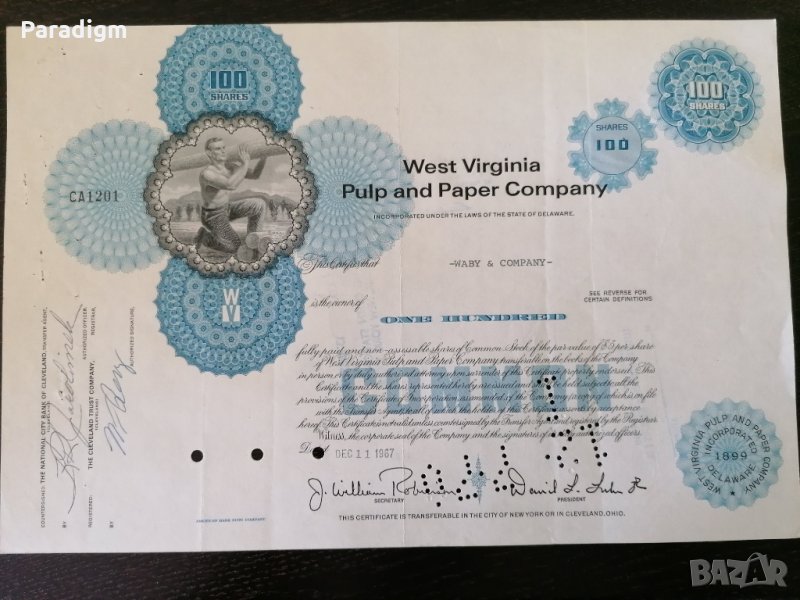 Сертификат за 100 акции (САЩ) | West Virginia Pulp and Paper Company | 1967г., снимка 1