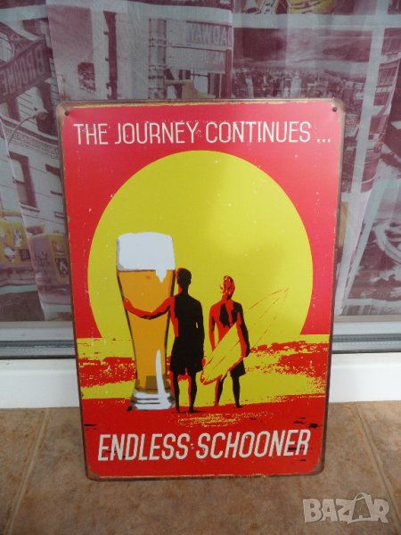 Метална табела бира сърф изгрев залез море вълни плаж дъска, снимка 1