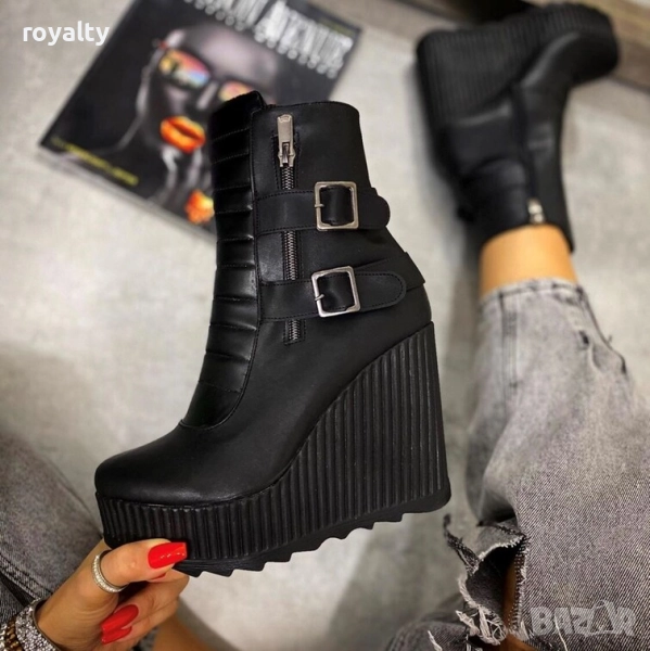 Боти на платформа - черна кожа, снимка 1