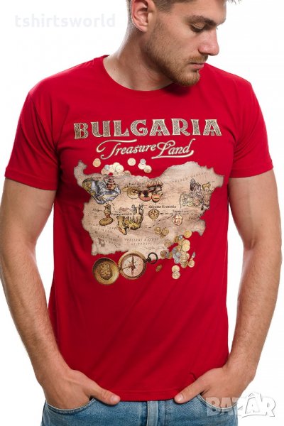 Нова мъжка червена тениска с трансферен печат България - Treasure Land (Земя на съкровищата), снимка 1