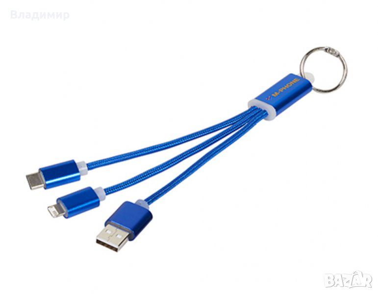 Scolt Кабел 3 в 1 USB, Lightning, micro USB и USB type C, син, снимка 1