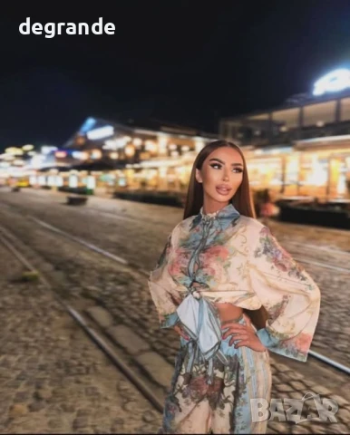 Уникален сатенен комплект от две части риза с панталон