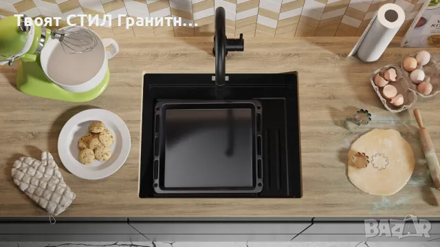 Черна гранитна мивка за вграждане под плот Прага 60 Level 560 x 470 мм, снимка 4 - Мивки - 48751817