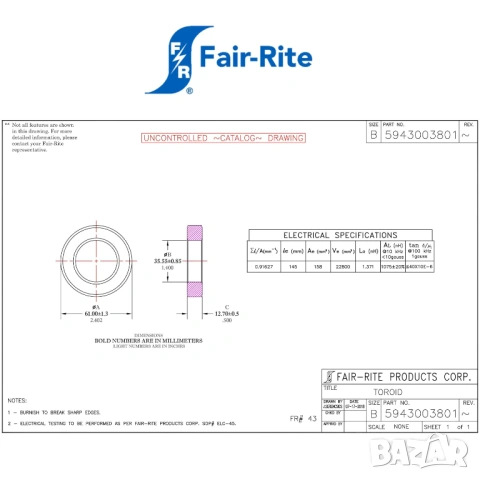 Тороидален феритен пръстен FT240-43, снимка 2 - Друга електроника - 53903837
