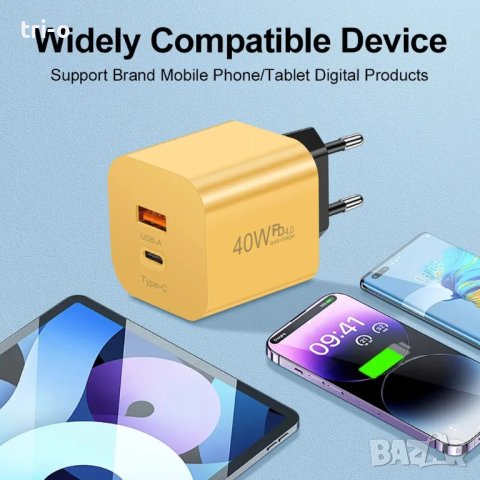 40W Зарядно устройство USB порта + Type-c бързо зареждане, снимка 2 - Оригинални зарядни - 44350817
