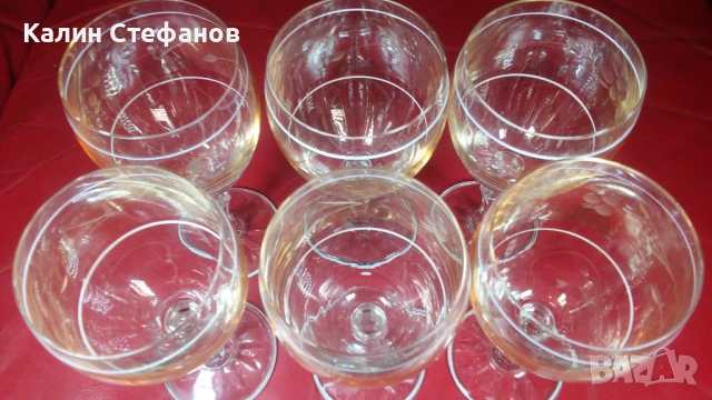 Ретро чаши за вино, калиево стъкло, ръчна гравюра – 6 бр, снимка 5 - Чаши - 54174077