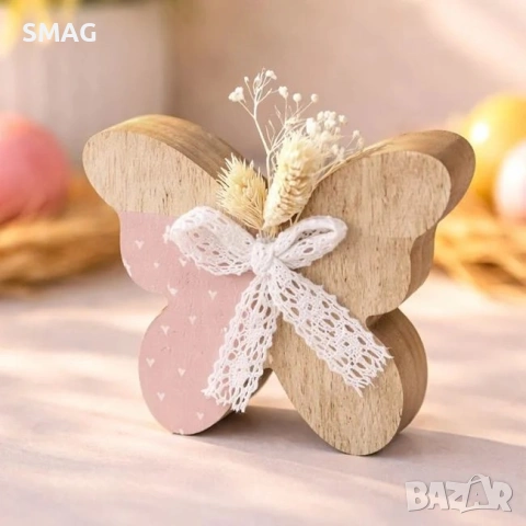 Великденска дървена декорация – бяла пеперуда с панделка и сухи цветя, 13x2.5x10 см._1233638, снимка 3 - Декорация за дома - 54224775