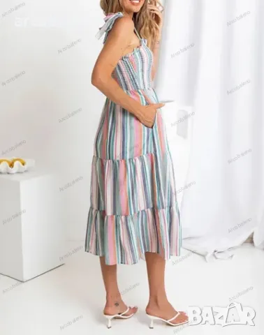 Нов стил дамска рокля с презрамки с цветни контрастни райета, снимка 6 - Рокли - 50001812