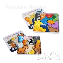 Дървен 3D пъзел с животни в метална кутия – 12 части, снимка 5 - Игри и пъзели - 52013156
