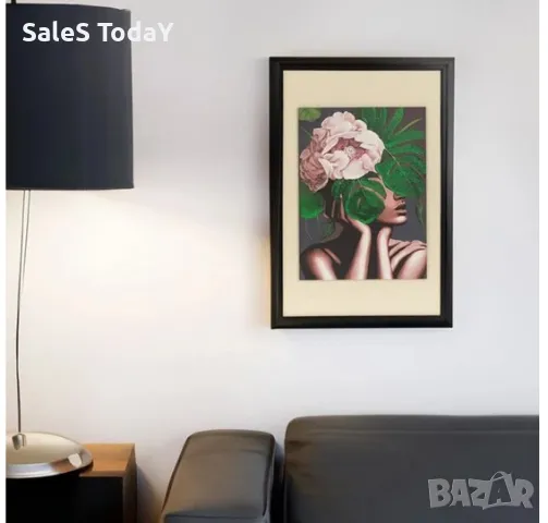 Картина с бои, Жена с цвете, 40x60см + рамка, снимка 2 - Картини - 49217151