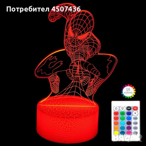Холограмна 3D LED лампа Spider Man-дистанционно управление 16 цвята+други режими на управление, снимка 5 - Настолни лампи - 50487507