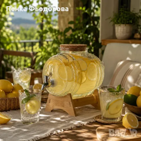 Стъклено буре с кранче 3L и дървена стойка – Стилно сервиране на напитки, идеален подарък, снимка 2 - Бидони, бурета и бъчви - 55874580