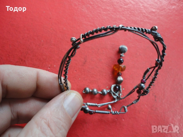 Дизайнерска сребърна гривна с кехлибар и камъни , снимка 4 - Гривни - 53323036