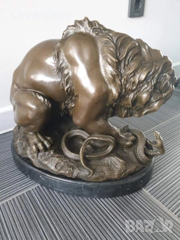60см-22кг Barye статуя-композиция/голяма бронзова скулптура/фигура на лъв и змия, снимка 2 - Статуетки - 52840155