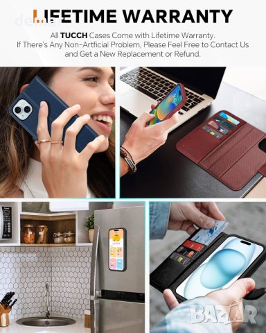 Калъф TUCCH за iPhone 15 Plus (6,7") 2023, 2 в 1 портфейл, тъмно син, снимка 9 - Калъфи, кейсове - 42355379