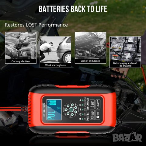 ЗАРЯДНО ЗА АКУМУЛАТОР, УМНО, ИМПУЛСНО, 12V 10A, 24V 5A, ЗА КОЛА, ТЯГОВ, AGM, GEL, VRLA, СТАРТОВ, UPS, снимка 13 - Аксесоари и консумативи - 40693152