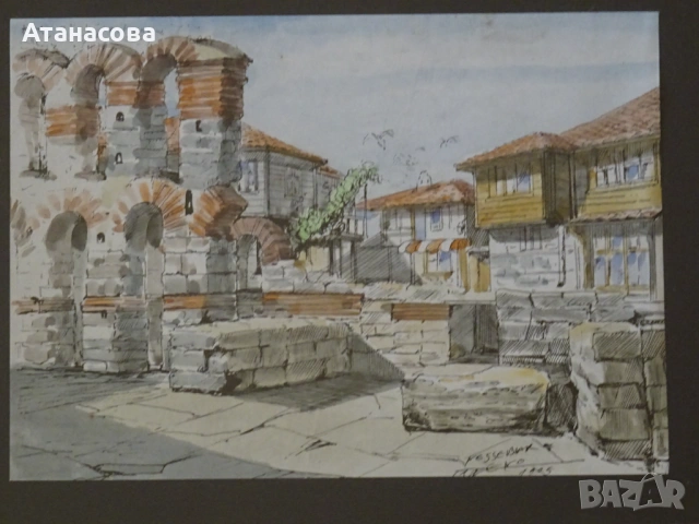 ЦВЕТКО ДИМИТРОВ картина "Несебър" акварел 1995 г #3, снимка 3 - Картини - 53893027