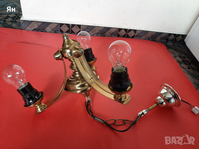 Стар Ретро Полилей Лампа от Бронз с 3 крушки, снимка 3 - Лампи за таван - 44652576